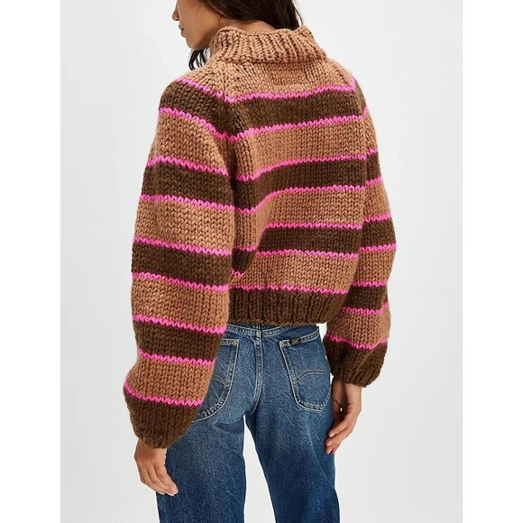 Chic Brown Stripe Turtleneck Sweater for Women - Cozy Fall Winter Knitwear - Picture 3 of 8